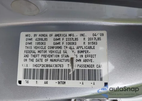 2009 Honda Accord 2.4 Lx из США, поврежденный, VIN 1HGCP26389A136763